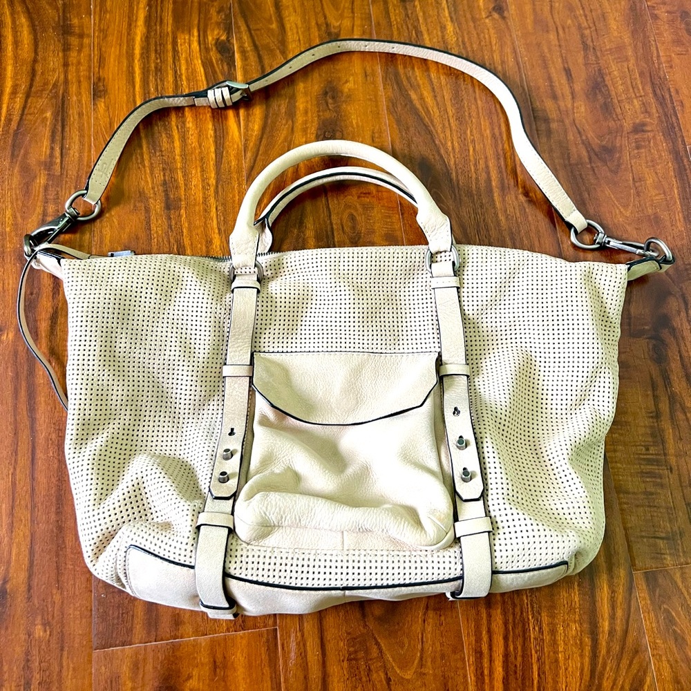 She + Lo satchel in beige with handles and adjustable strap